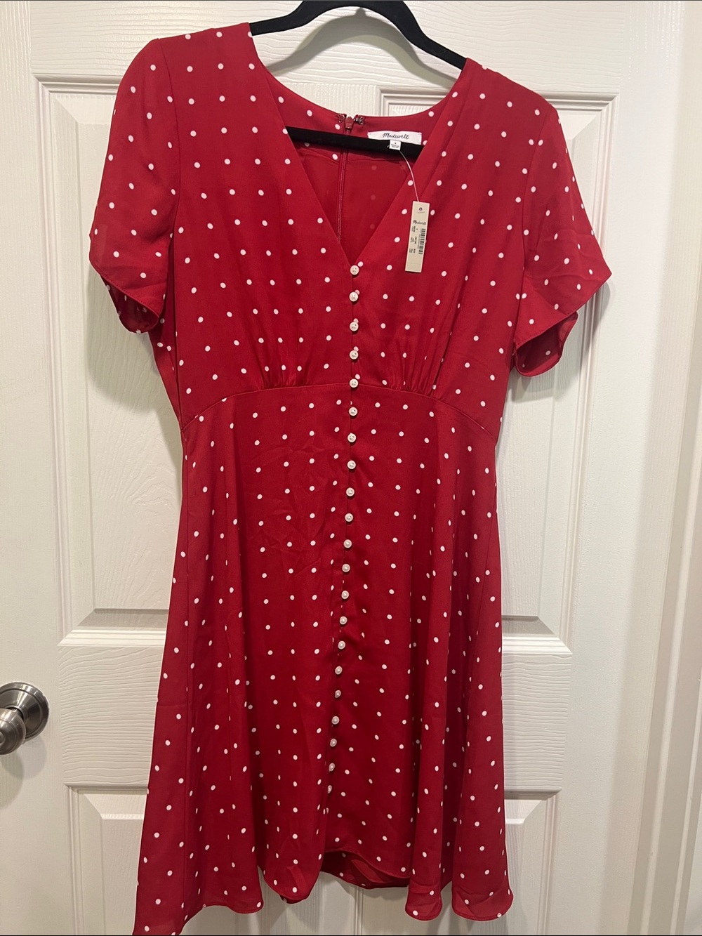 Madewell Polka Dot V-Neck Red Dress with Front Buttons. Size 4